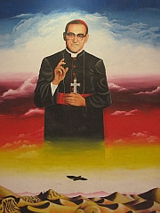 Mural con la imagen de Monseñor Óscar Arnulfo Romero, ubicado en el Edificio Histórico de la Facultad de Jurisprudencia y Ciencias Sociales de la Universidad de El Salvador. Giobanny Ascencio y Raul Lemus- Grupo Cinteupiltzin CENAR El Salvador